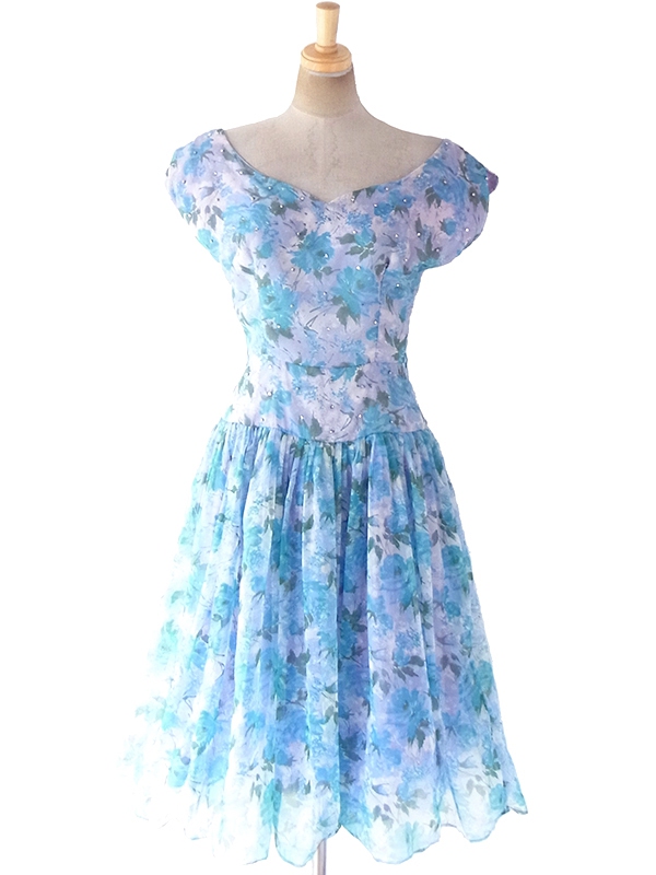 ヨーロッパ古着 ロンドン買い付け 70年代製 淡いパープル X ブルー 薔薇プリント ラインストーン  ドレス 19BS103
