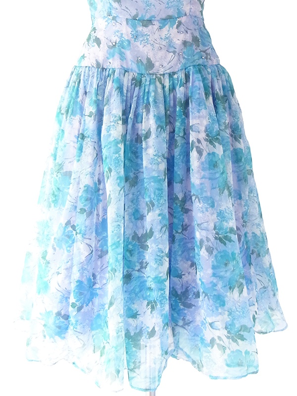 ヨーロッパ古着 ロンドン買い付け 70年代製 淡いパープル X ブルー 薔薇プリント ラインストーン  ドレス 19BS103