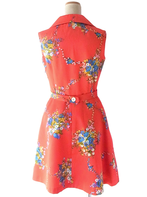 ヨーロッパ古着 ロンドン買い付け 70年代製 レッド X カラフル花柄 共布ベルト付き ヴィンテージ ワンピース 19BS125