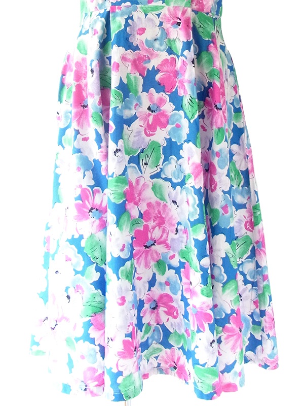 ヨーロッパ古着 ロンドン買い付け 60年代製 ブルー X カラフル花柄 ホワイト フラットカラー ストラップ ワンピース 19BS126