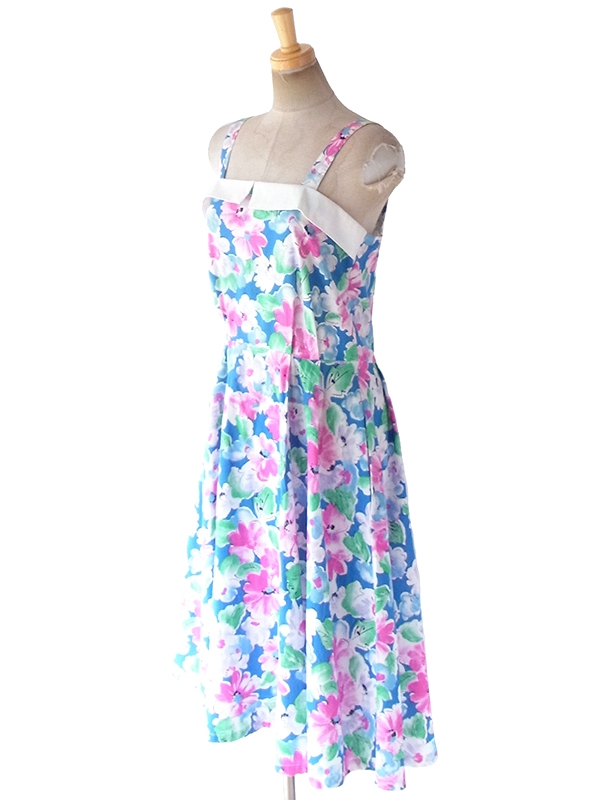 ヨーロッパ古着 ロンドン買い付け 60年代製 ブルー X カラフル花柄 ホワイト フラットカラー ストラップ ワンピース 19BS126