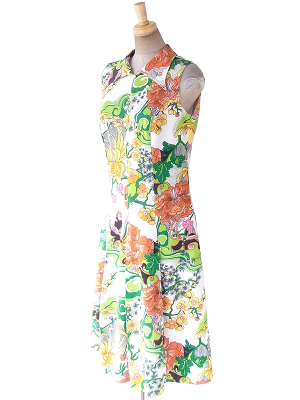ロンドン買い付け 70年代製 ホワイト X カラフル花柄 ヴィンテージ ワンピース 19BS127
