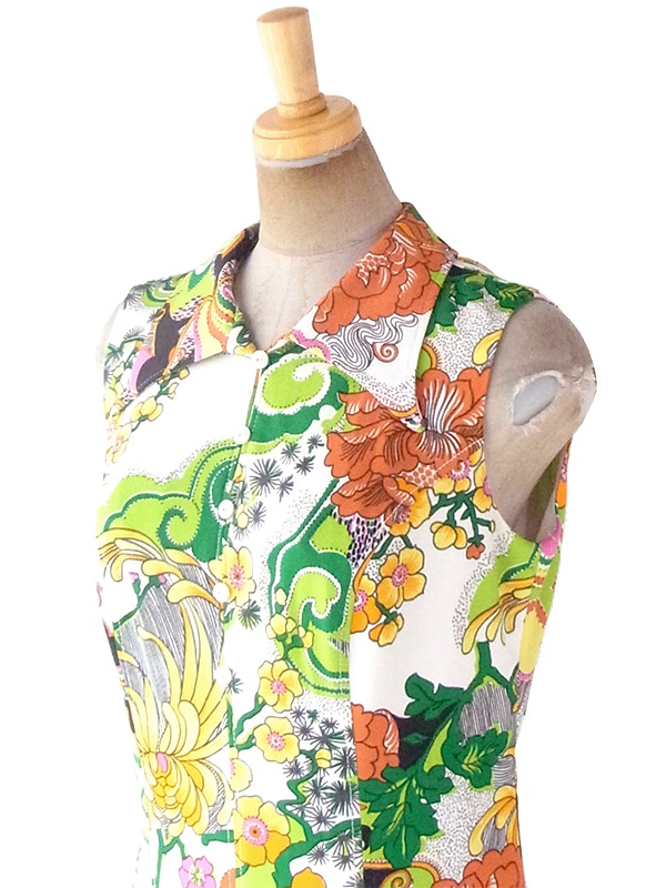ロンドン買い付け 70年代製 ホワイト X カラフル花柄 ヴィンテージ ワンピース 19BS127