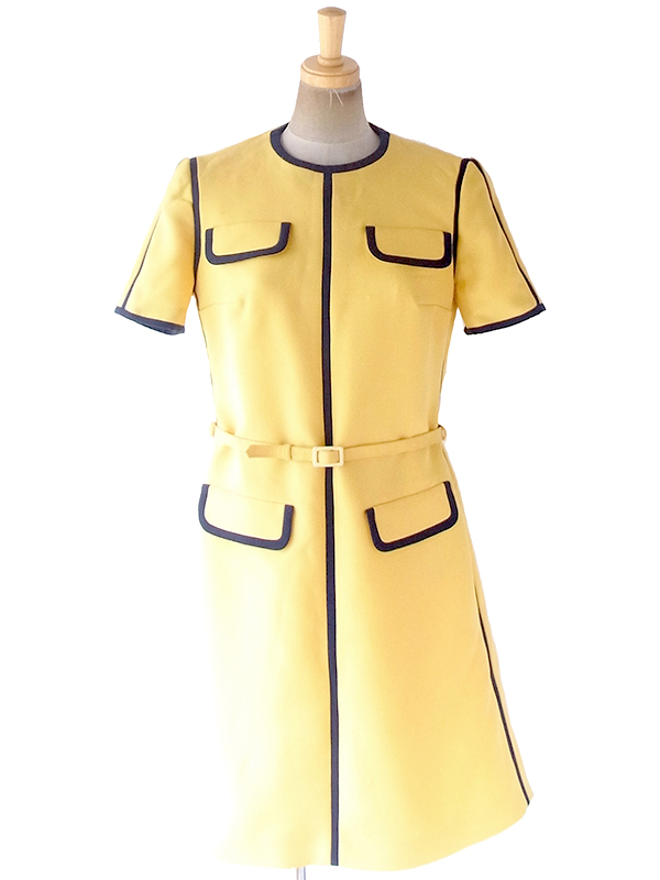 送料無料 ロンドン買い付け 60年代製 イエロー X ネイビー 共布ベルト付き ヴィンテージ ウール ワンピース 19bs130 ヨーロッパ古着