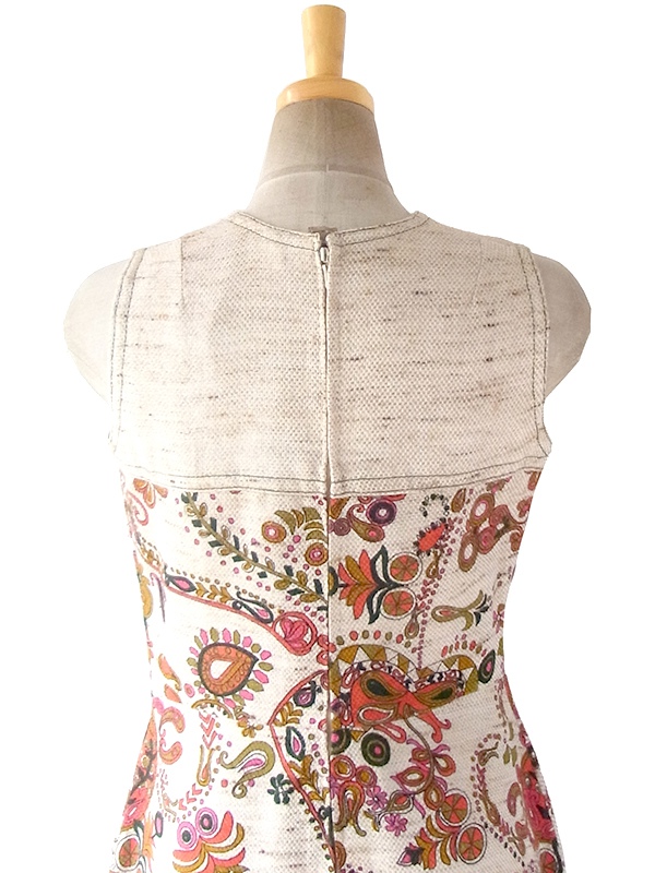 ヨーロッパ古着 フランス買い付け 60年代製 ベージュ X レッド・グリーン・ゴールド オリエンタル柄 フロントジップ ワンピース 19FC104