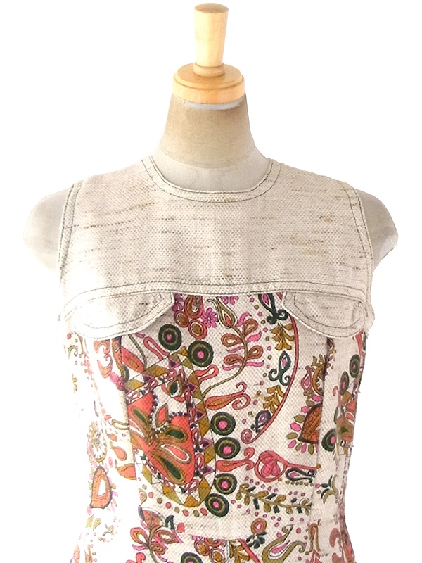 ヨーロッパ古着 フランス買い付け 60年代製 ベージュ X レッド・グリーン・ゴールド オリエンタル柄 フロントジップ ワンピース 19FC104