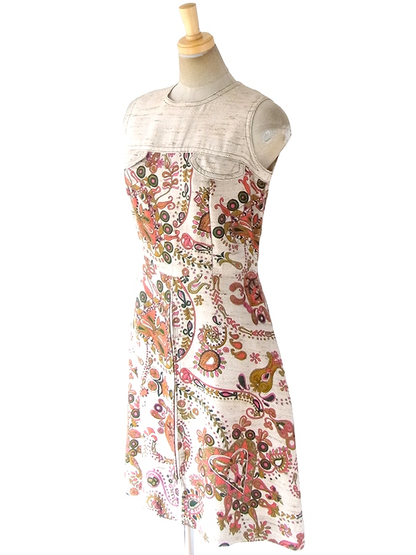 ヨーロッパ古着 フランス買い付け 60年代製 ベージュ X レッド・グリーン・ゴールド オリエンタル柄 フロントジップ ワンピース 19FC104