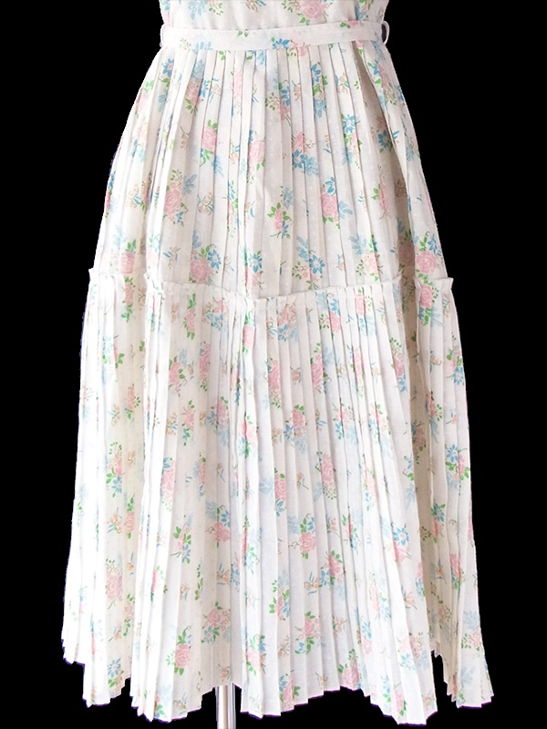 ヨーロッパ古着 フランス買い付け 60年代製 オフホワイト X ホワイト水玉・パステルカラー花柄 共布ベルト付き ワンピース 19FC203