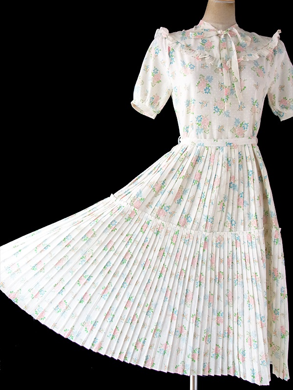 ヨーロッパ古着 フランス買い付け 60年代製 オフホワイト X ホワイト水玉・パステルカラー花柄 共布ベルト付き ワンピース 19FC203