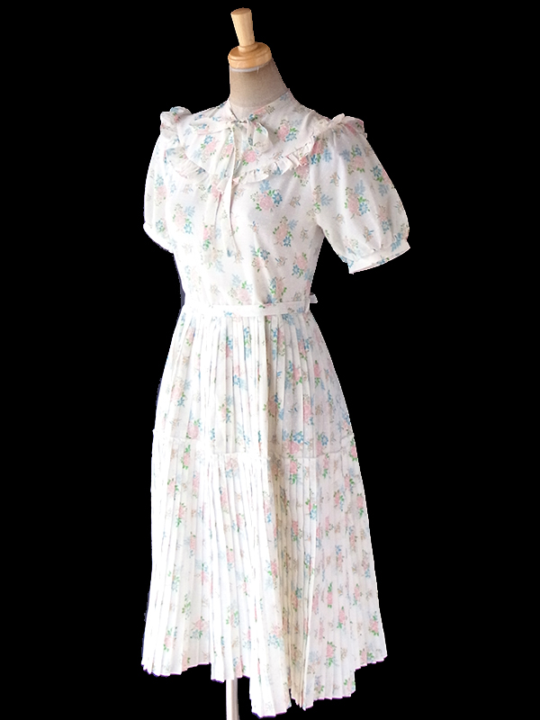 ヨーロッパ古着 フランス買い付け 60年代製 オフホワイト X ホワイト水玉・パステルカラー花柄 共布ベルト付き ワンピース 19FC203