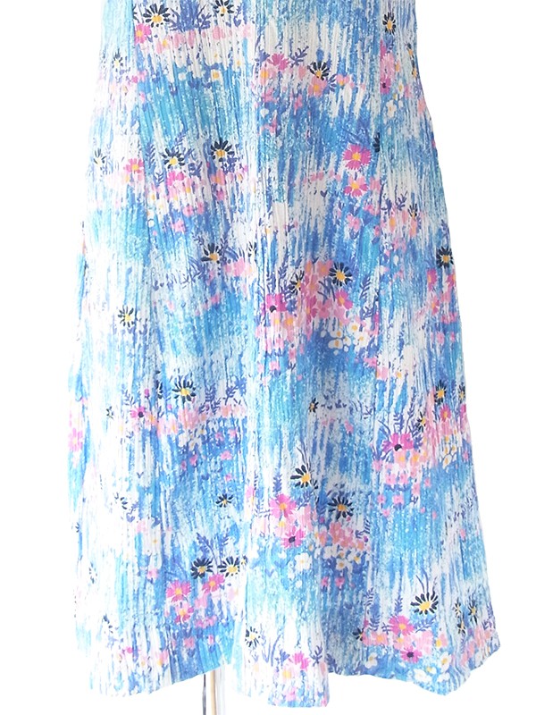 ヨーロッパ古着 60年代フランス製 水色 X カラフル花柄 経方向に凹凸が走る生地 ヴィンテージ ワンピース 19FC204