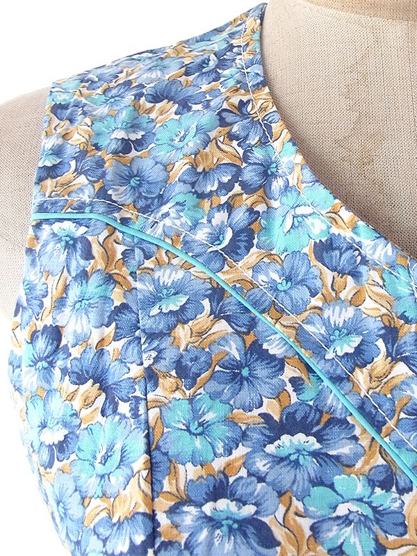 ヨーロッパ古着 フランス買い付け 60年代製 ブルーを基調とした花柄 X 水色パイピング ポケット付き フロントジップ ワンピース 19FC207