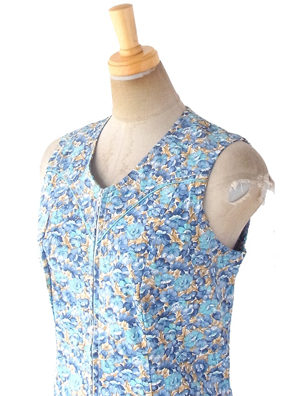 ヨーロッパ古着 フランス買い付け 60年代製 ブルーを基調とした花柄 X 水色パイピング ポケット付き フロントジップ ワンピース 19FC207