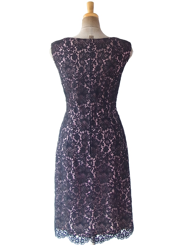 ヨーロッパ古着 フランス買い付け 70年代製 ブラック X 裏地ピンク 繊細な花柄総レース ドレス 19FC409