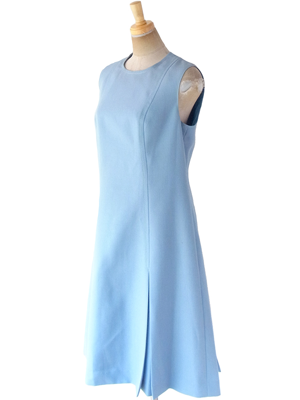 ヨーロッパ古着 フランス買い付け 60年代製 水色 X ステッチ ボックスプリーツ 美麗シルエット ワンピース 19FC412