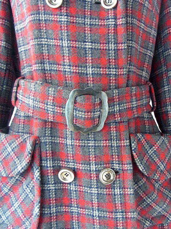 ヨーロッパ古着 フランス買い付け 60年代製 グレイ X レッド・ブルー 共布ベルト付き 厚手ウール コート 19FC414