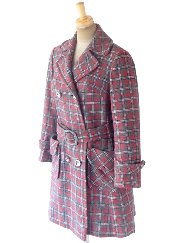 ヨーロッパ古着 フランス買い付け 60年代製 グレイ X レッド・ブルー 共布ベルト付き 厚手ウール コート 19FC414