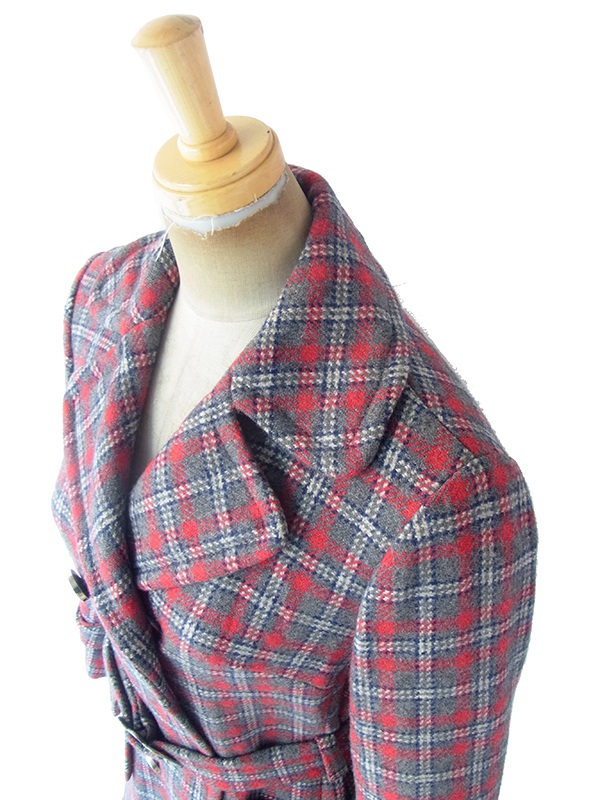 ヨーロッパ古着 フランス買い付け 60年代製 グレイ X レッド・ブルー 共布ベルト付き 厚手ウール コート 19FC414