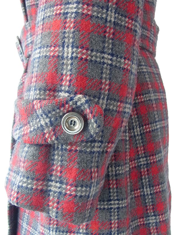 ヨーロッパ古着 フランス買い付け 60年代製 グレイ X レッド・ブルー 共布ベルト付き 厚手ウール コート 19FC414