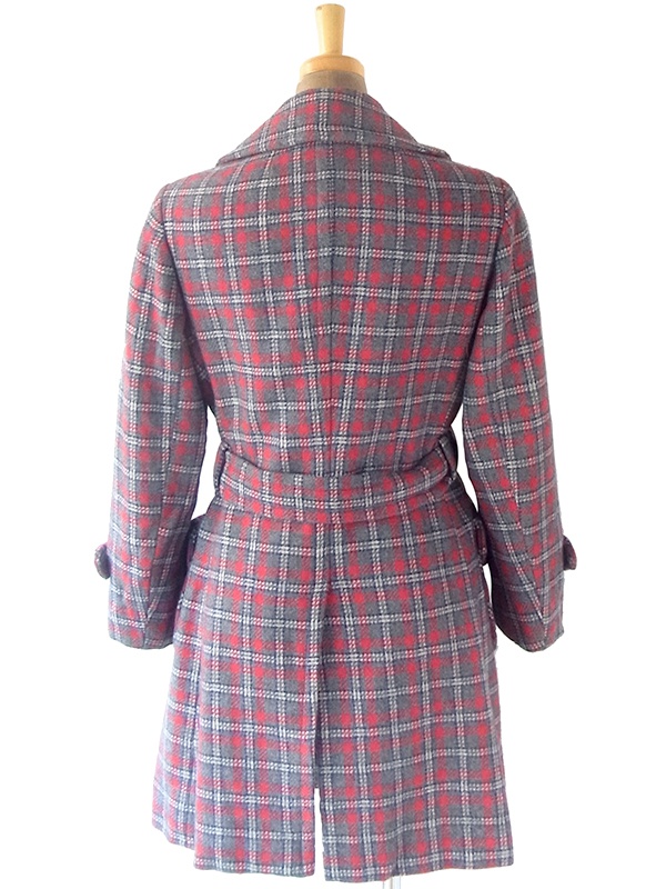 ヨーロッパ古着 フランス買い付け 60年代製 グレイ X レッド・ブルー 共布ベルト付き 厚手ウール コート 19FC414