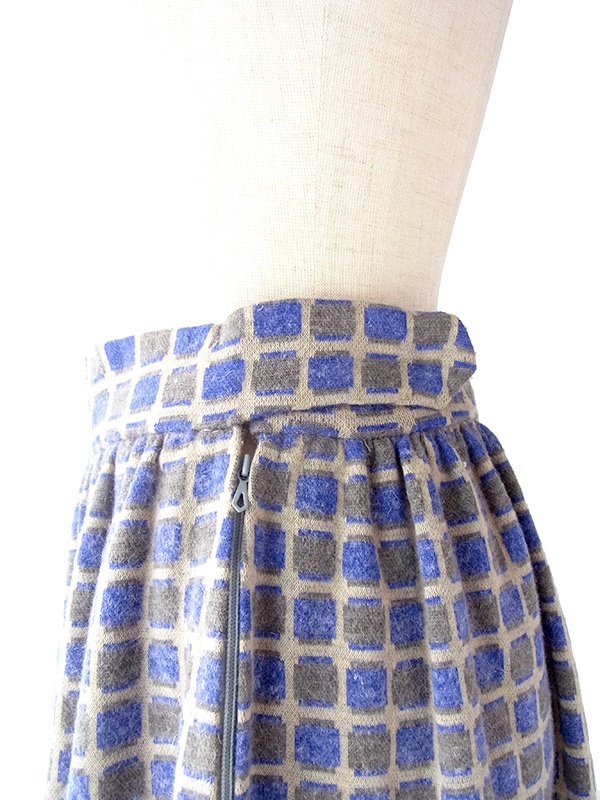 【ヨーロッパ古着】フランス買い付け 60年代製 パープル X グレイ スクエア柄 ヴィンテージ スカート 19FC424【おとなかわいい】