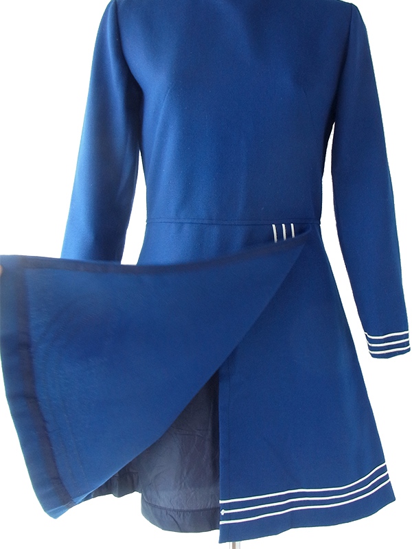 ヨーロッパ古着 フランス買い付け70年代製 ブルー X ホワイト ライニング スカート前合わせ ワンピース 19FC428