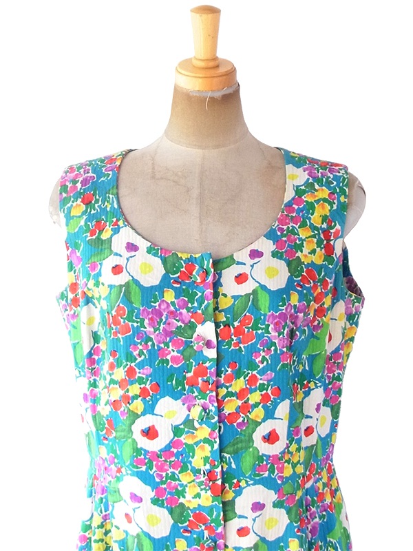 ヨーロッパ古着 ロンドン買い付け 60年代製 ブルー X カラフル花柄 凹凸でパターンの浮かぶ生地 ヴィンテージ ワンピース 19OM1004