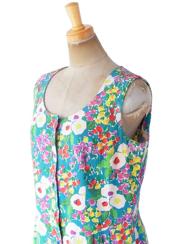 ヨーロッパ古着 ロンドン買い付け 60年代製 ブルー X カラフル花柄 凹凸でパターンの浮かぶ生地 ヴィンテージ ワンピース 19OM1004