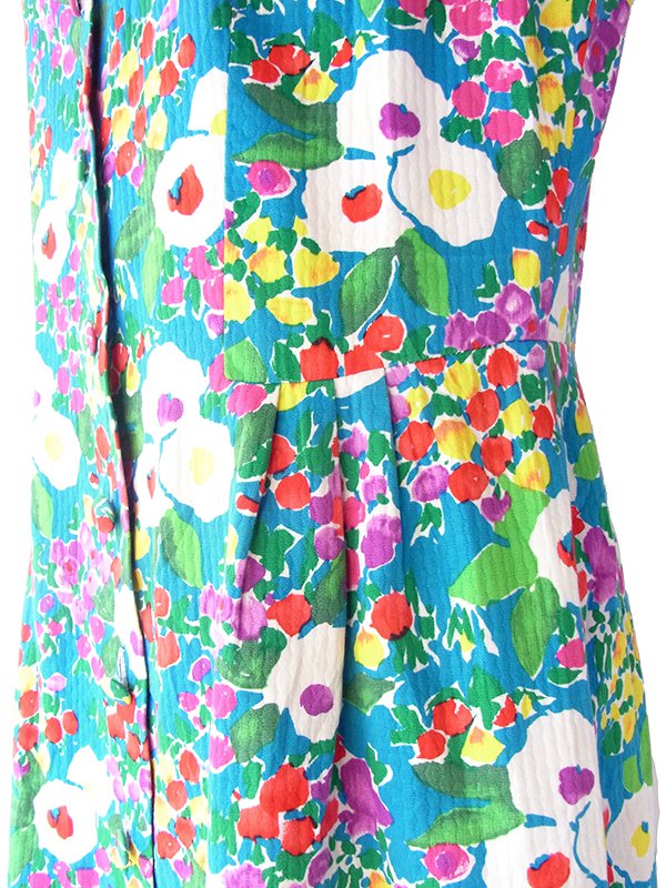 ヨーロッパ古着 ロンドン買い付け 60年代製 ブルー X カラフル花柄 凹凸でパターンの浮かぶ生地 ヴィンテージ ワンピース 19OM1004