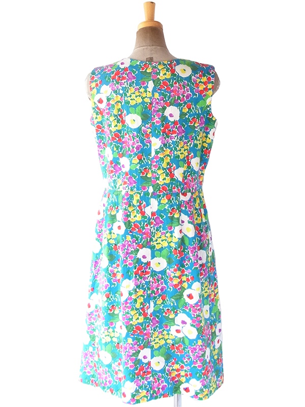 ヨーロッパ古着 ロンドン買い付け 60年代製 ブルー X カラフル花柄 凹凸でパターンの浮かぶ生地 ヴィンテージ ワンピース 19OM1004