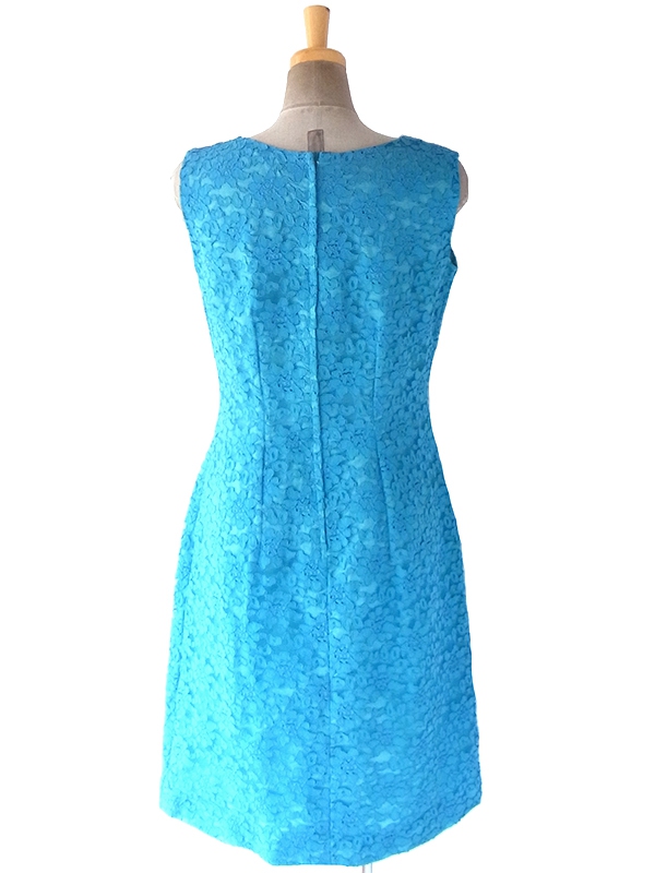 ヨーロッパ古着 ロンドン買い付け 70年代製 シアンブルー X 花柄コードレース アンティーク ドレス 19OM105