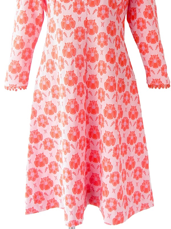 ヨーロッパ古着 ロンドン買い付け 70年代製 朱色 X 淡いパープル 花柄 テープ装飾 ヴィンテージ ワンピース 19OM409