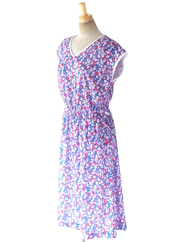 アンティーク　ヨーロッパ　花柄リボンワンピースコットン　パープル 60s-70s purple floral dress ( ヴィンテージ パープル 花柄