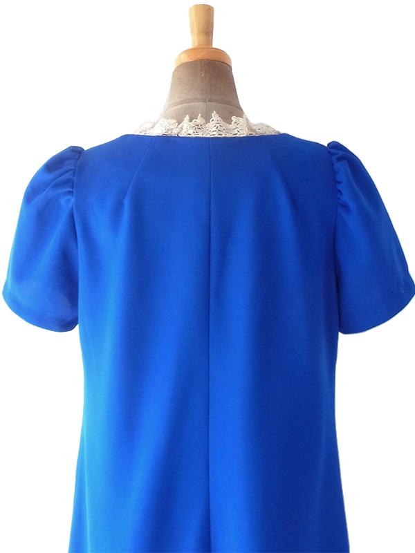 ヨーロッパ古着 ロンドン買い付け 70年代製 ブルー X オレンジ・イエロー 花柄刺繍 レース襟 ワンピース 19OM701