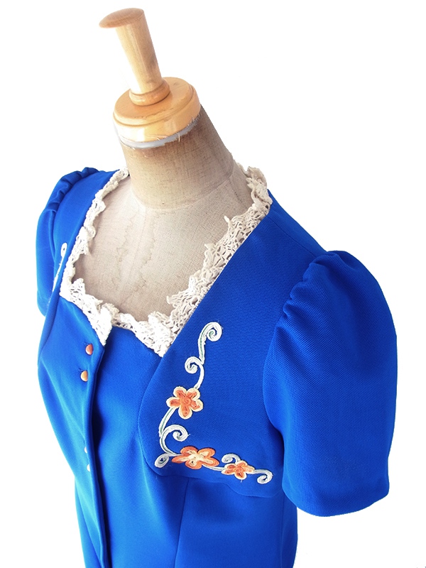 ヨーロッパ古着 ロンドン買い付け 70年代製 ブルー X オレンジ・イエロー 花柄刺繍 レース襟 ワンピース 19OM701