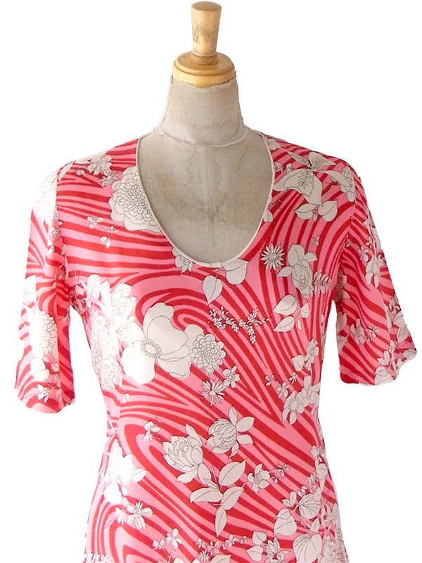 70年代　カラフル花柄 半袖ワンピース　ビンテージ 70's Colorful Flower Design Multi Pattern Maxi One Piece