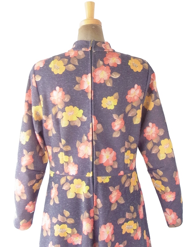 ヨーロッパ古着 ロンドン買い付け 60年代製 グレイ X イエロー ・レッド 花柄 モックネック ヴィンテージ ワンピース 20BS052