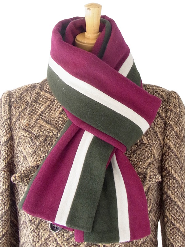 【ヨーロッパ古着】イギリス製 マゼンダ・カーキ・ホワイト ストライプ ウール スクール マフラー 20BS058【おとなかわいい】
