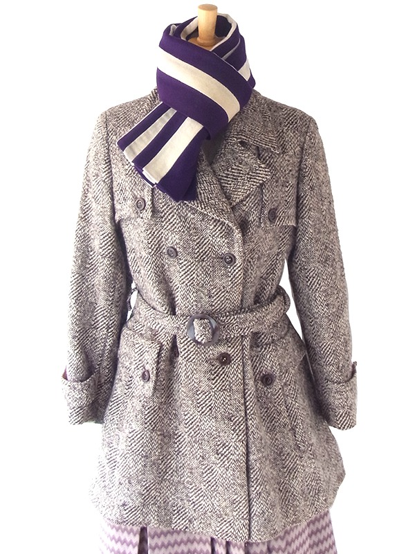 【ヨーロッパ古着】イギリス製 パープル X ホワイト ストライプ ウール スクール マフラー 20BS061【おとなかわいい】