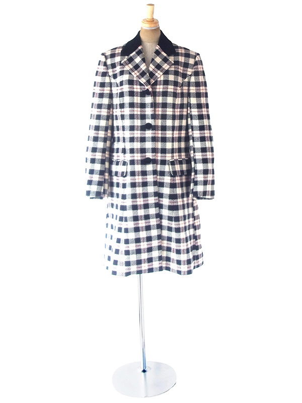 ヨーロッパ古着 イギリス製 Aquascutum アクアスキュータム オフホワイト X ブラック・レッド チェック柄 コート 20BS100