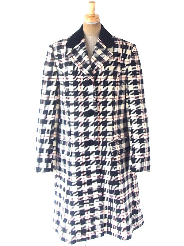 ヨーロッパ古着 イギリス製 Aquascutum アクアスキュータム オフホワイト X ブラック・レッド チェック柄 コート 20BS100