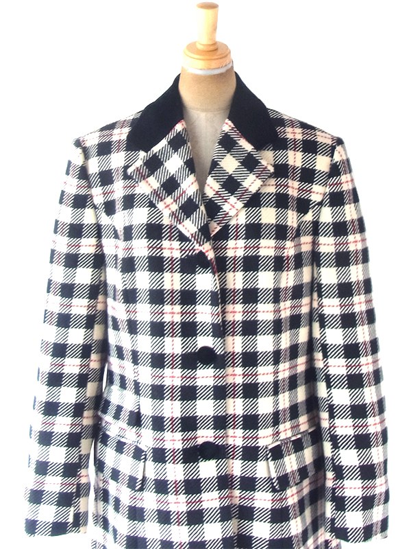 ヨーロッパ古着 イギリス製 Aquascutum アクアスキュータム オフホワイト X ブラック・レッド チェック柄 コート 20BS100