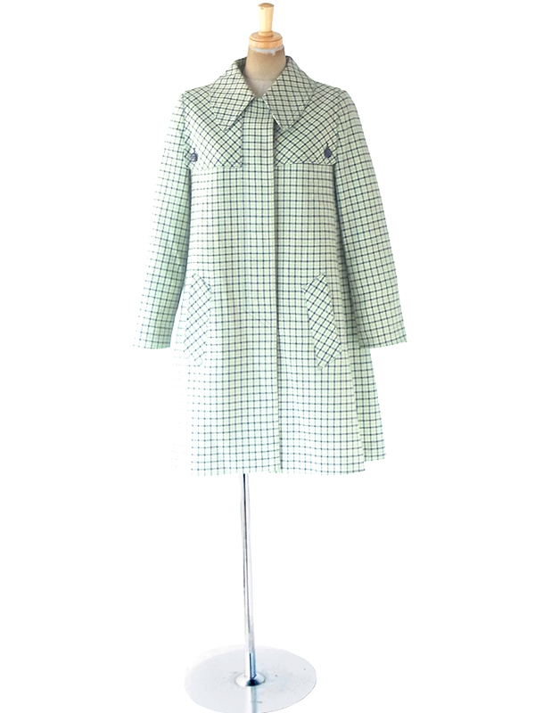 ヨーロッパ古着 ロンドン買い付け グリーン・ブルー・ホワイト チェック柄 比翼仕立て Aライン コート 20BS101