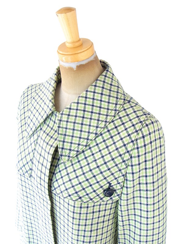 ヨーロッパ古着 ロンドン買い付け グリーン・ブルー・ホワイト チェック柄 比翼仕立て Aライン コート 20BS101