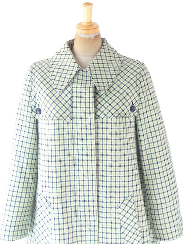ヨーロッパ古着 ロンドン買い付け グリーン・ブルー・ホワイト チェック柄 比翼仕立て Aライン コート 20BS101