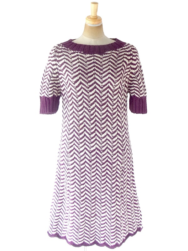 ヨーロッパ古着 ロンドン買い付け 60年代製 バーガンディー X アイボリー バイアス柄 厚手ウール ニット ワンピース 20BS104