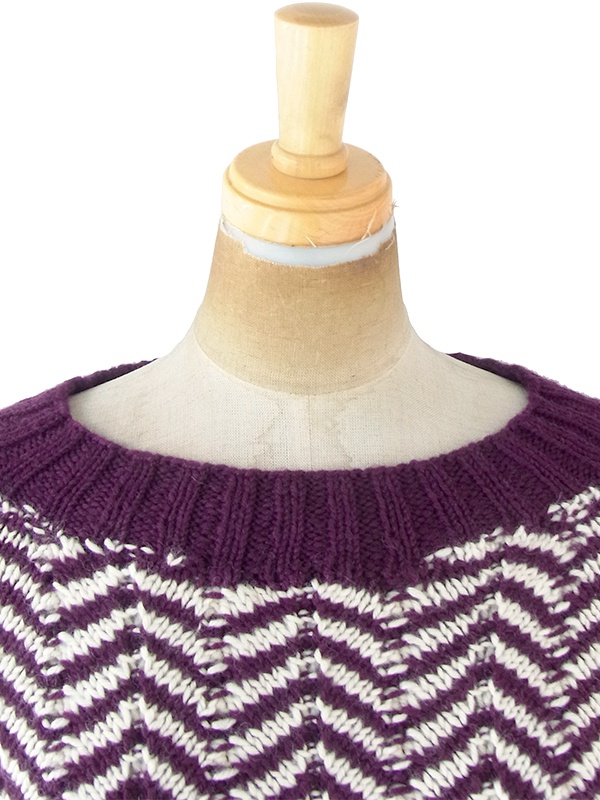 ヨーロッパ古着 ロンドン買い付け 60年代製 バーガンディー X アイボリー バイアス柄 厚手ウール ニット ワンピース 20BS104