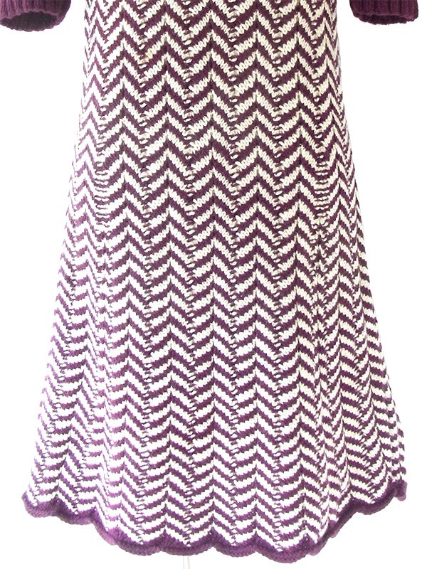 ヨーロッパ古着 ロンドン買い付け 60年代製 バーガンディー X アイボリー バイアス柄 厚手ウール ニット ワンピース 20BS104