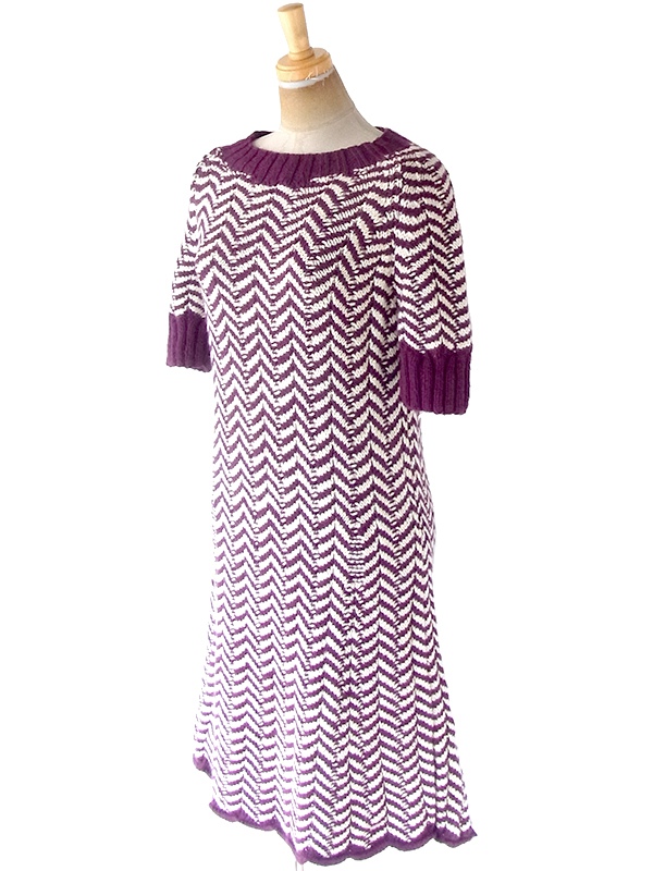 ヨーロッパ古着 ロンドン買い付け 60年代製 バーガンディー X アイボリー バイアス柄 厚手ウール ニット ワンピース 20BS104