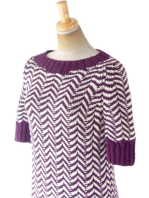 ヨーロッパ古着 ロンドン買い付け 60年代製 バーガンディー X アイボリー バイアス柄 厚手ウール ニット ワンピース 20BS104